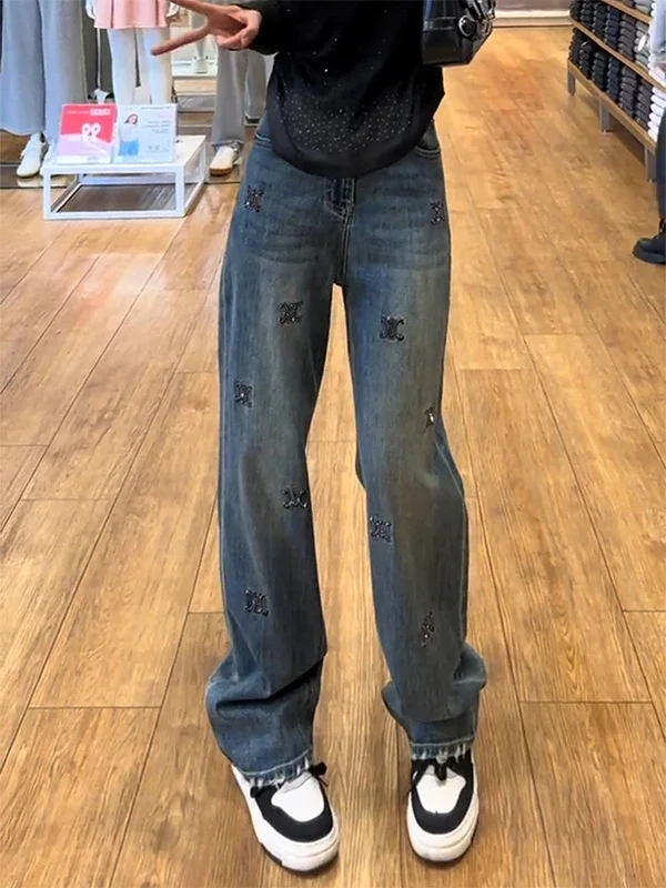 Y2K Donna Primavera Autunno Ricamato Vita alta Gamba larga Jeans in denim plus Size Dimagrante Drapey Mercury One Brand Pendolari Sle