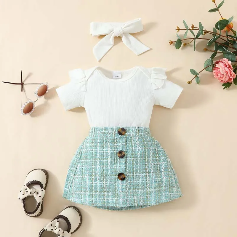 Baby Girl Clothing 3Pcs Sets Solid Color Short Sleeve Jumpsuits Plaid Skirt with Hairband for 0-18 Months Toddler Girl Outfits