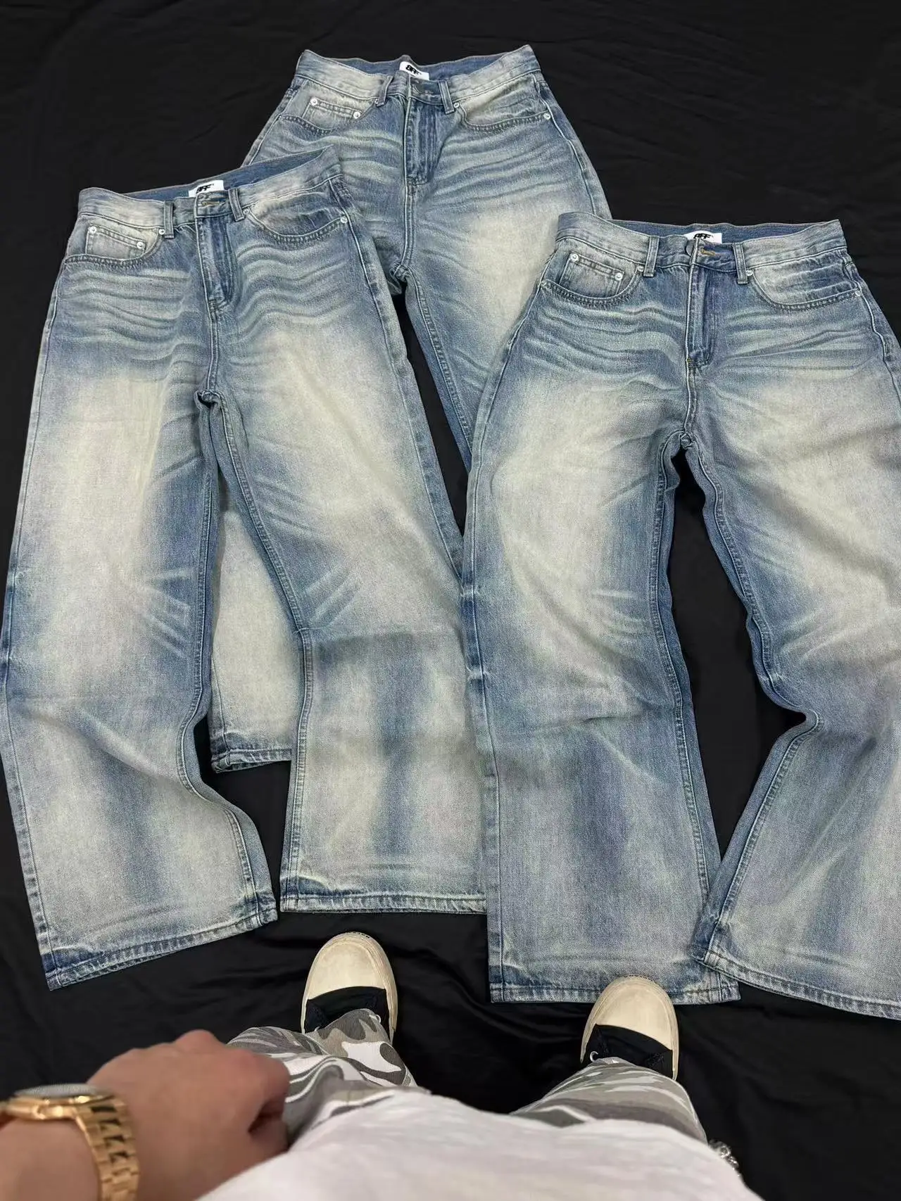 

American High Street Heavy Duty Washed Blue Loose Fit Straight Leg Cleanfit Jeans Men's Casual Denim Pants Autumn Wear