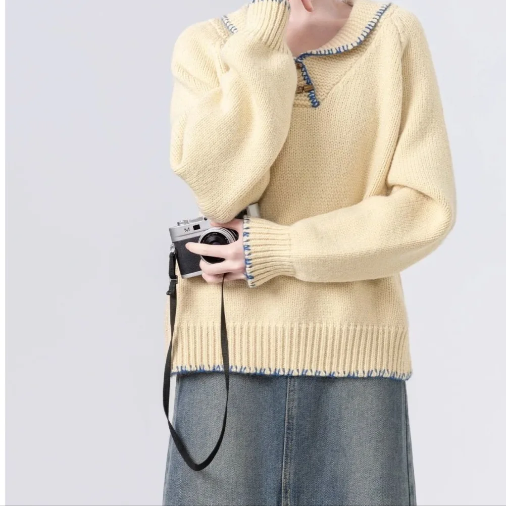 خريف شتاء نمط جديد بولو طوق سترة مريحة رداء علوي غير رسمي الأصفر زر متابعة سميكة لينة المرأة تريكو فضفاضة تناسب