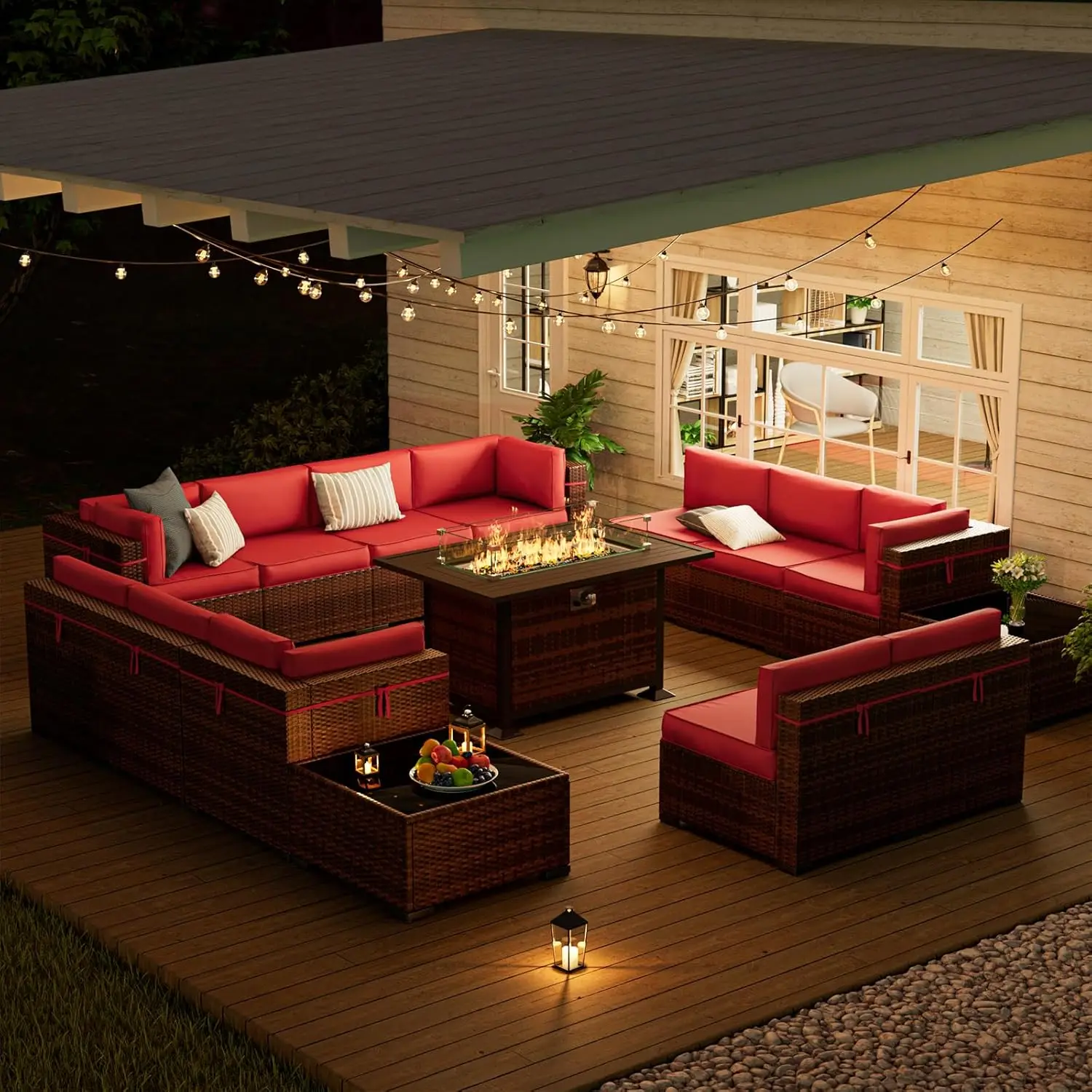 Patio Furniture Set Outdoor with Gas Fire Pit Table, PE Wicker Pit Conversation Set,Patio Sectional Furniture