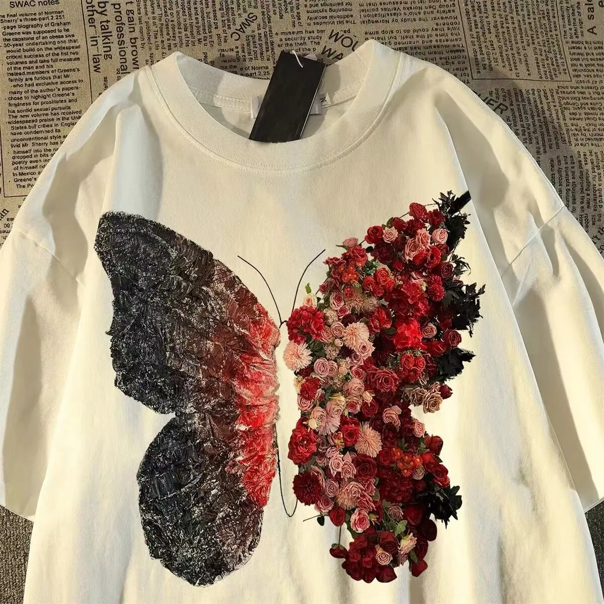 American Style Vintage vintage Trendy Brand T-shirt Men's and Women's Summer Rose Butterfly Printed