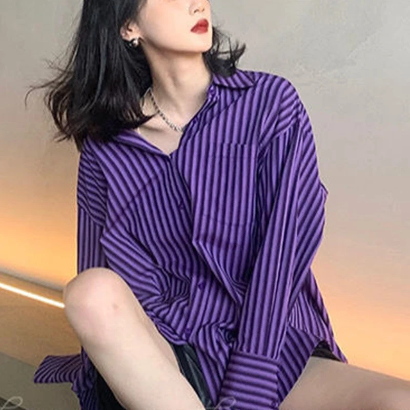 Spring Autumn Polo-neck Striped Printing Elegant Fashion Blouse Female Long Sleeve Harajuku Y2K All-match Loose Shirt Top Women