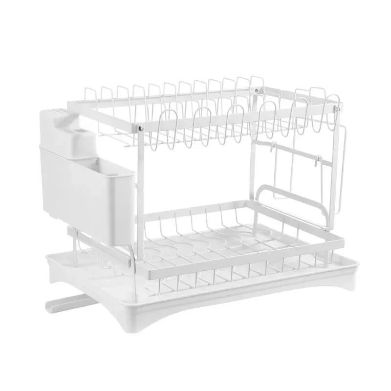 2-Tier Dish Drying Rack Auto Drainage Kitchen Organiser Storage Shelf Over-Sink Drainer Cutlery Utensils Standing Type