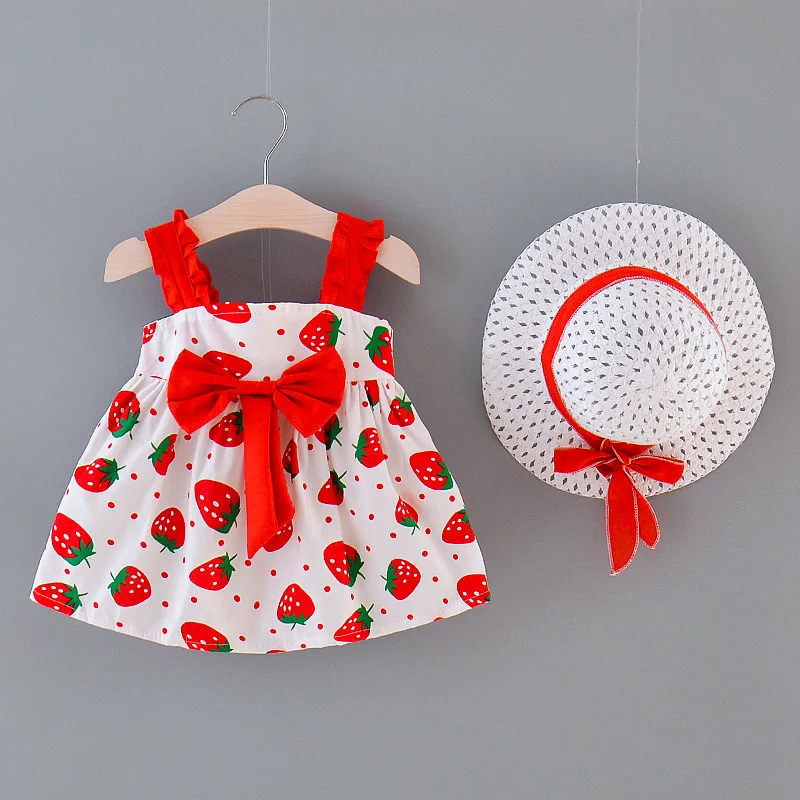 Baby Girls Ruffles Sleeveless Strawberry Print Big Bow Decor Beach Dress With Hat Kids Summer Clothes