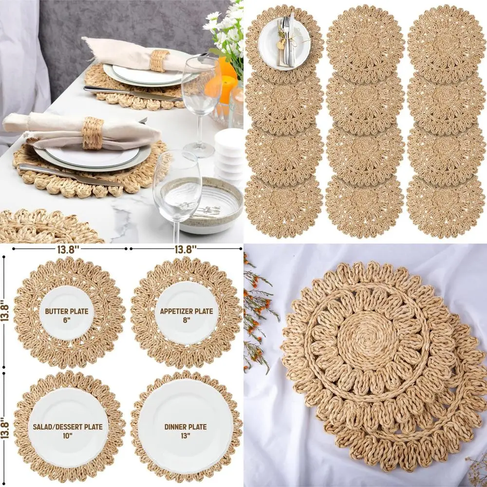 Set of 12 Bohemian Rattan Placemats, 13.8 Diameter, Perfect for Dining, Weddings, and Parties