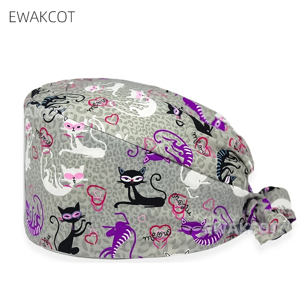 Nurse cap soft cotton cap cats printed medical nursing Hats Sweatband scrub caps dentist hat surgical head cap for women and man