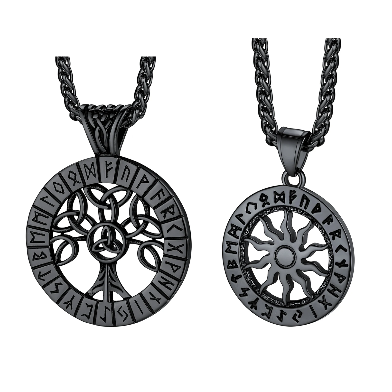 U7 Stainless Steel Nordic Viking Rune Necklaces for Men Woman Norse Mythology Power Symbol Runic Sun Valknut Hammer Jewelry Gift