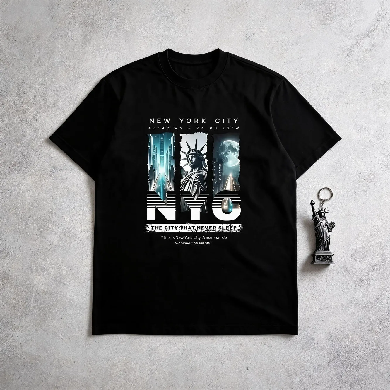 Mens Clothes Statue Of Liberty Skyline Print Black TShirt, Unisex Casual Crew Neck Tshirt, Plus Size Men's Clothing 5XL, Lightweight 220gsm Knit Fabric, Machine Washable, For Spring/Summer/Fall Independence Day/Labor Day/Memorial Day