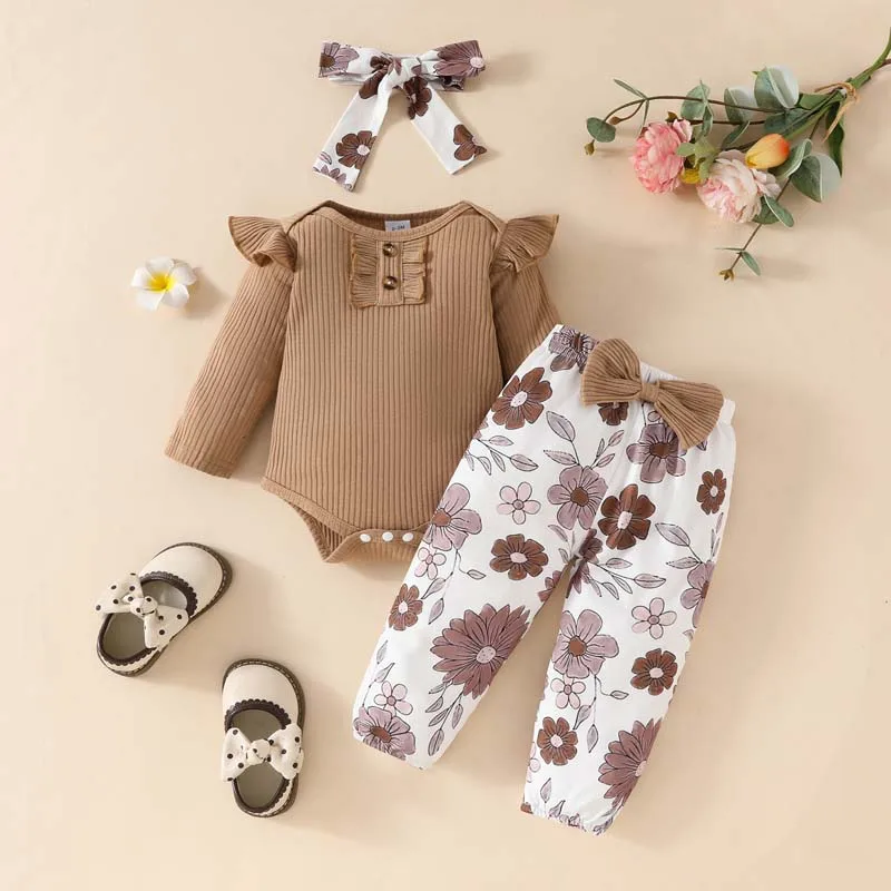 

Newborn Baby Girl Clothing 3 Piece Set Pit Stripe Solid Color Long Sleeve Bodysuit Printed Long Pants with Hairband 0-18 Months