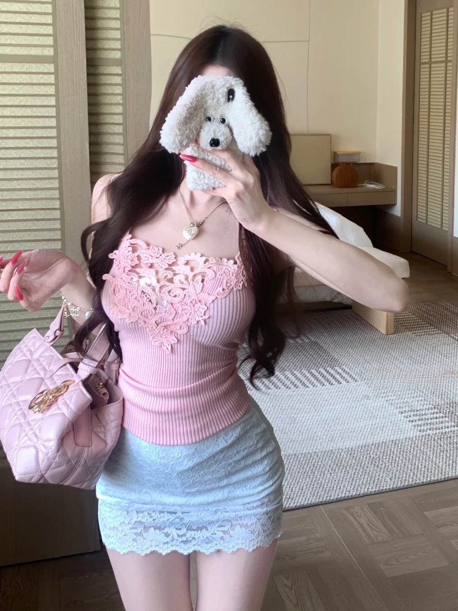 

Sexy Sweet Spicy Lace Hollow out Knitted Strap Vest High Waist Slimming Lace Butt Skirt Set Women's Fashion Summer Outfit