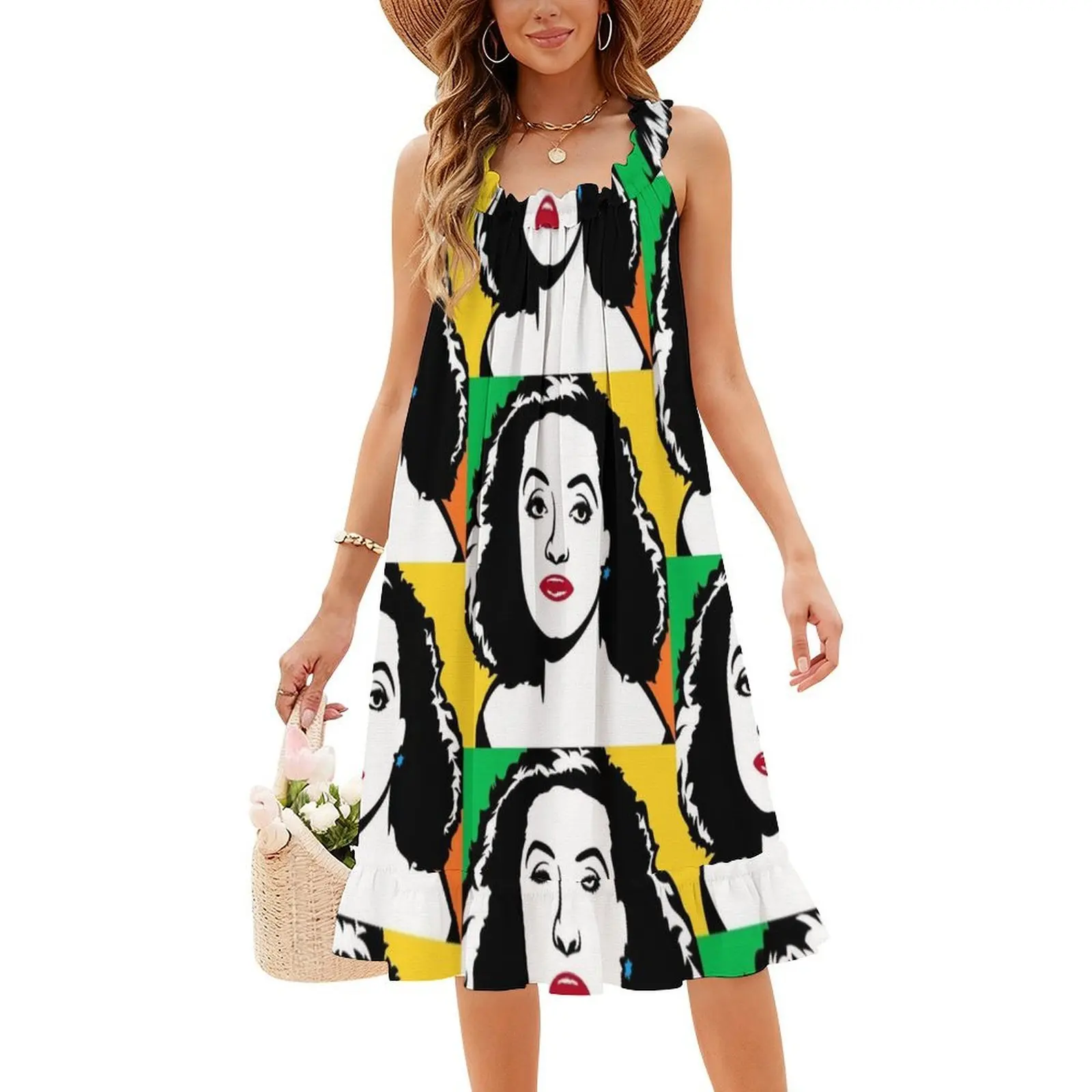 فستان Bette Davis Cartoon Popart بوهيمي بدون أكمام للنساء مطبوع عليه فساتين حفلات الشاطئ Bette Davis Cartoon Popart #4