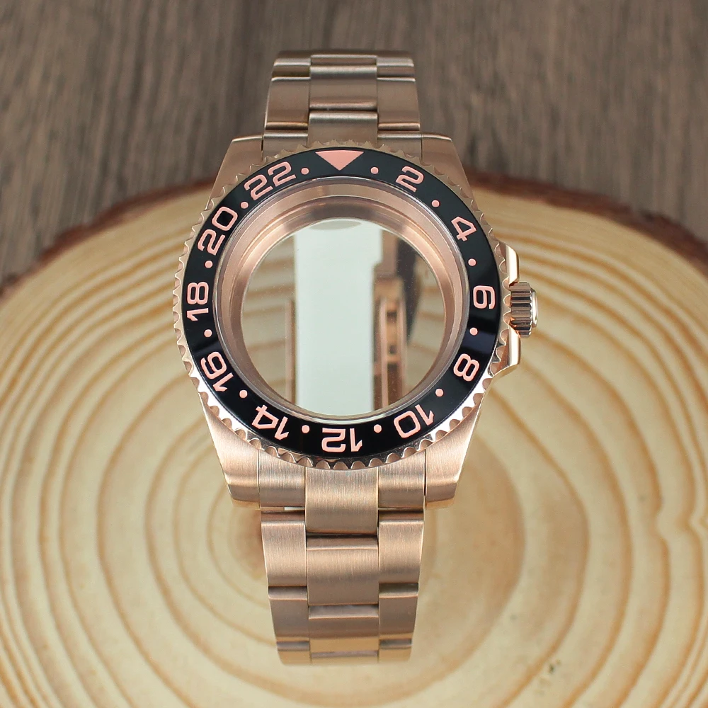 40 مللي متر PVD ساعة ذهبية وردية حزام الياقوت كريستال زجاج ل NH35 NH36 NH34 8215 2824 Movt 28.5 مللي متر الطلب 120 نقرات GMT ROOTBEER