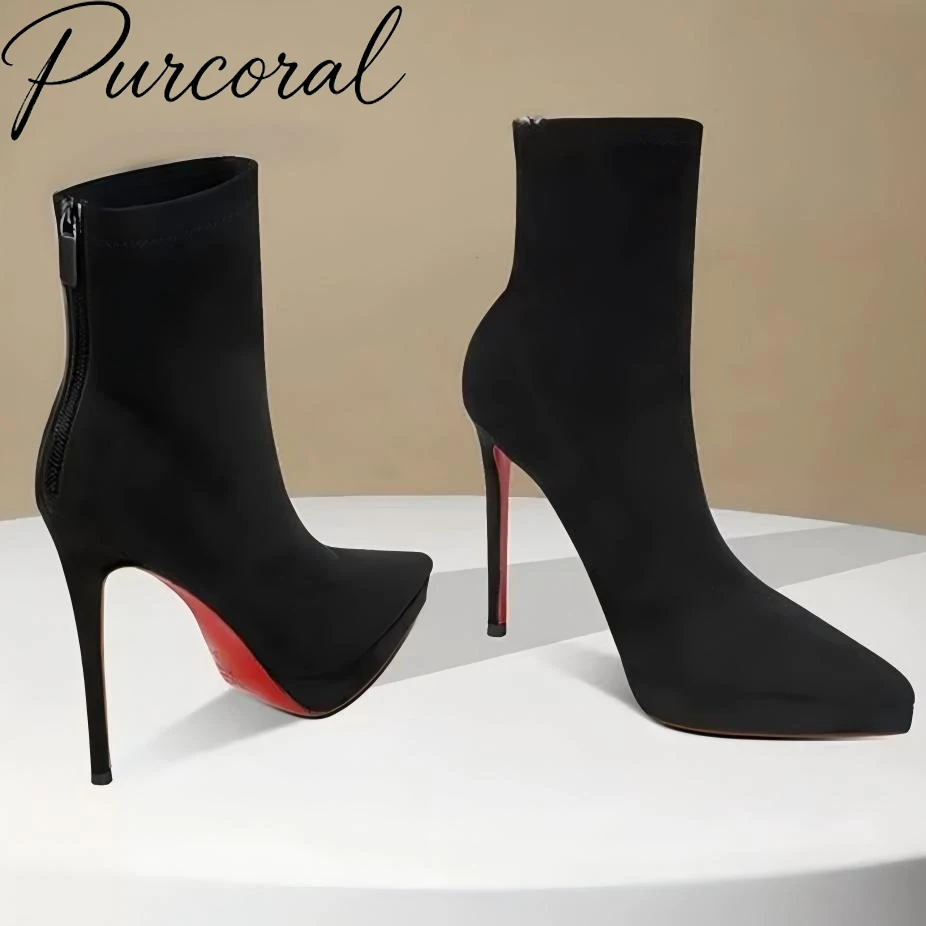 Botines de tacón de aguja con plataforma y suela roja para mujer, con punta puntiaguda, cierre trasero con cremallera, botas cortas de fiesta, nueva moda 2026.