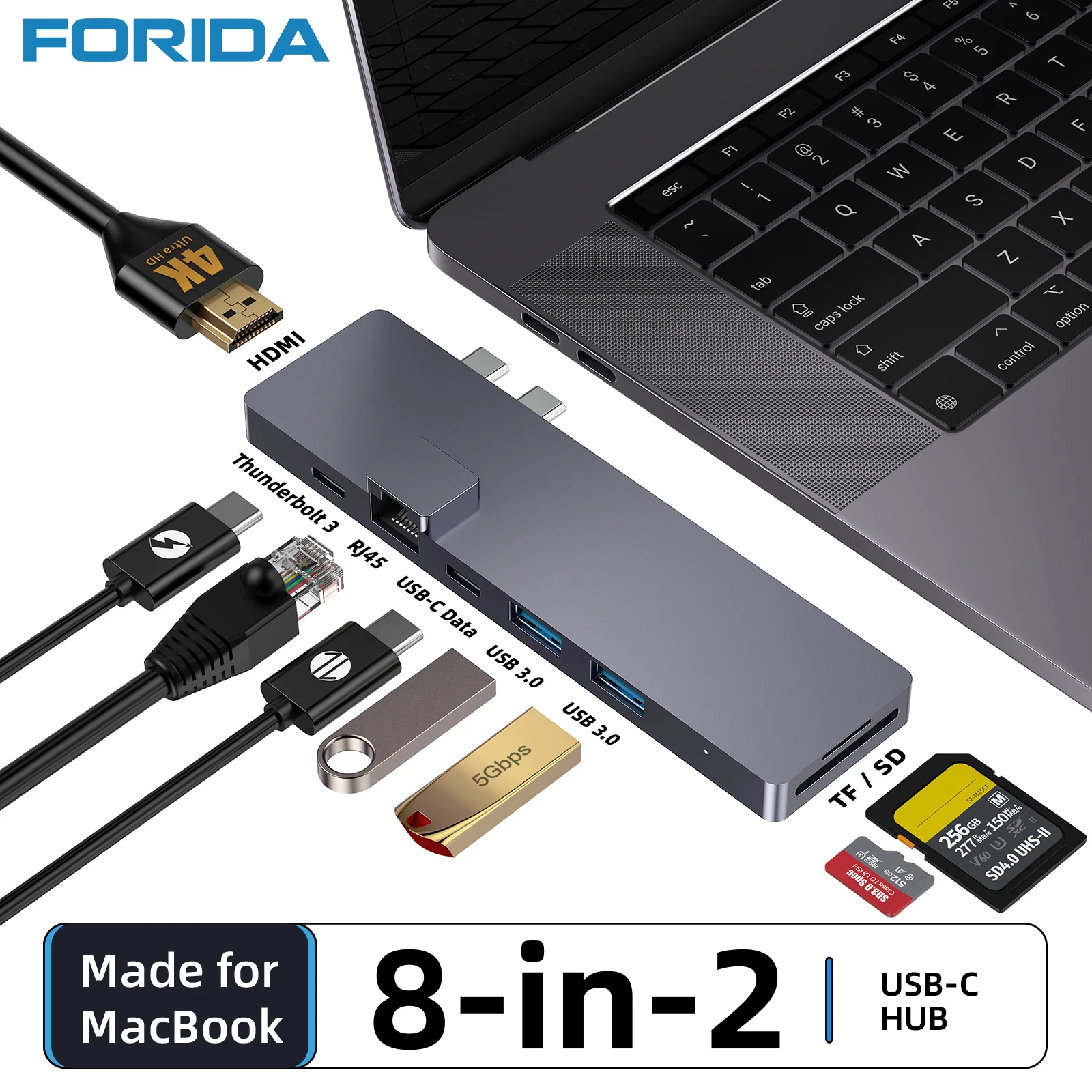 Forida 8 in 2 USB HUB 3.0 High Speed Type C Adapter PD 100W Charging HDMI TF SD Card Reader for MacBook 13/15/16inch Laptop