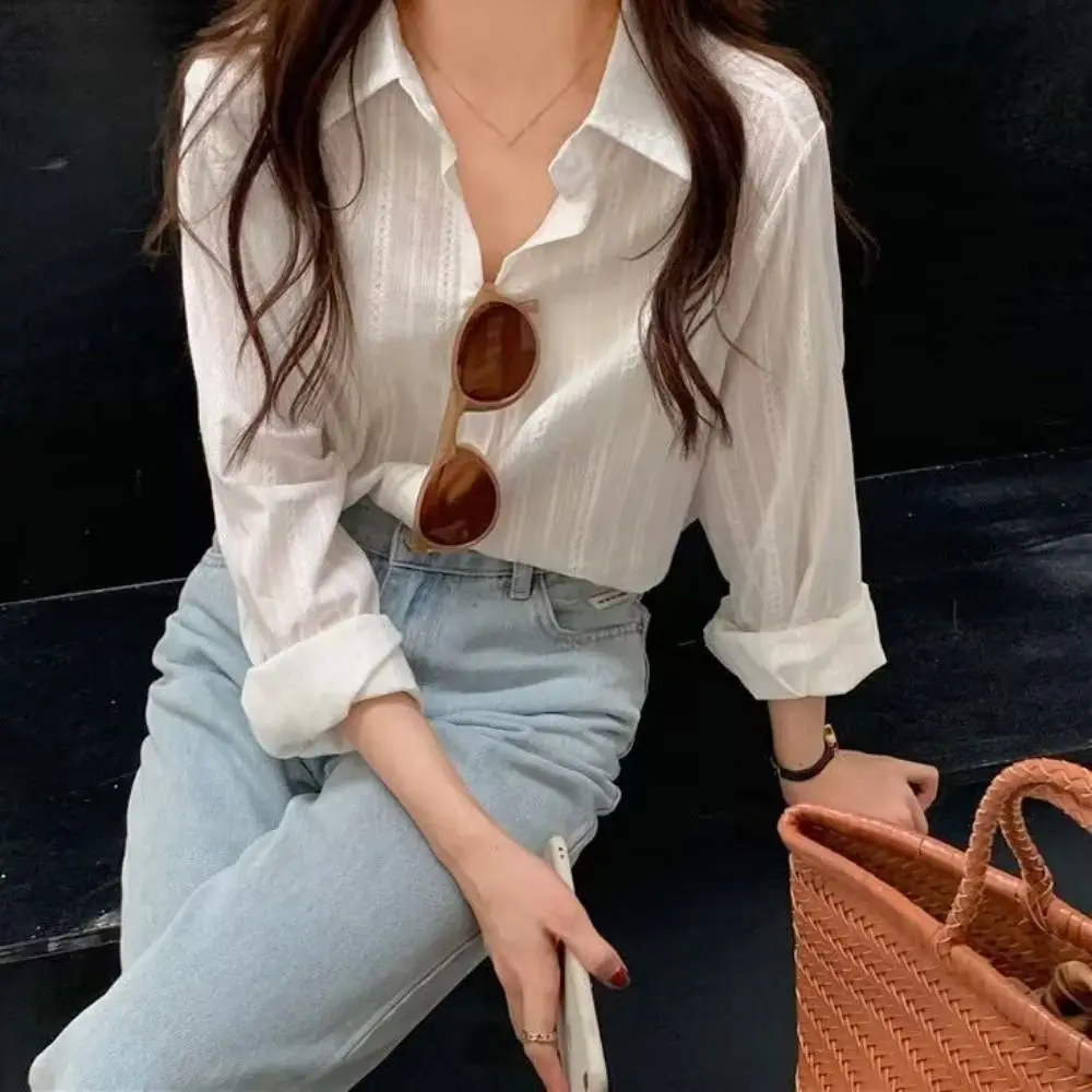

Retro Sweet Strip Shirt Top Thin Loose Long Sleeve Blouse Sun Protection Casual Button Shirt for Women Girl