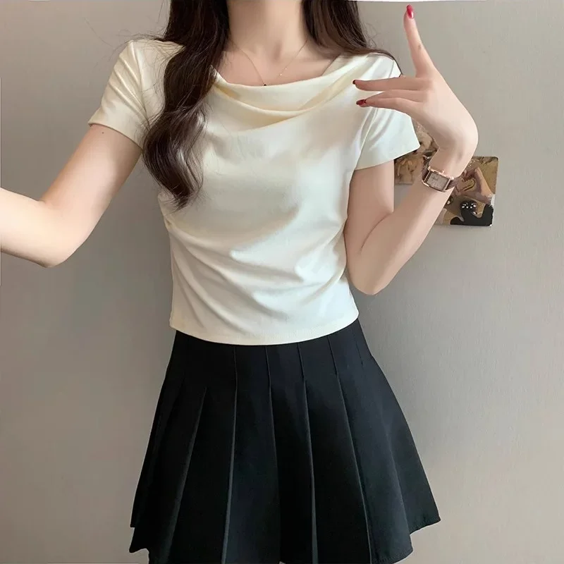 Camiseta de manga corta estilo coreano para mujer, top de verano ajustado, diseño sexy de longitud mini, informal y a la moda, de fibra de poliéster