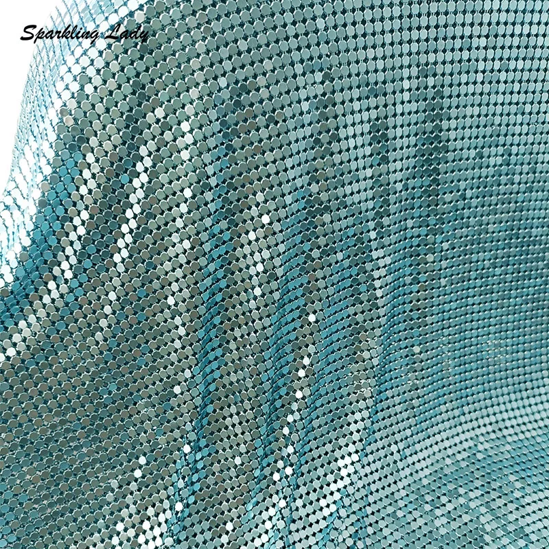 3MM Fashion Chainmail Fabrics Bling Luxury Light Blue Metallic Sequin Mesh Fabric for Women Garment Bags Party Decoration