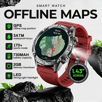 Nowy Smartwatch z Wbudowanym GPS, Mapami Offline, Ekranem AMOLED 1.43”, Funkcją Połączeń Bluetooth, 2GB Pamięci, Latarką, Wodoodpornością 3ATM, Sportowy Smartwatch Męski