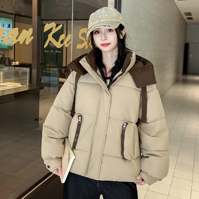 Chaqueta con capucha de invierno de retales de Color contrastante coreano para Mujer, Parkas cortas hinchadas que combinan con todo, abrigo de algodón cálido a prueba de viento para Mujer
