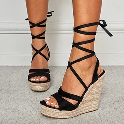 Liyke Fashion Lace-Up Summer Wedges Sandals Women Peep Toe Straw Rope Weav Thick Bottom Platform High Heels Ladies Dress Shoes