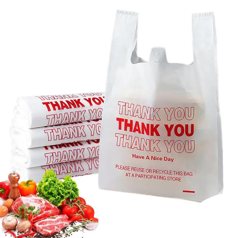 Bolsa de compras de agradecimiento con asas, bolsas para camisetas, bolsas de comestibles para exteriores, juego para alimentos, basura, comestibles de gran capacidad, 50 Uds.