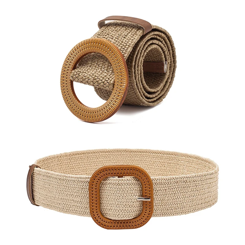 

NEW-2Pcs New Retro Knit Waistline Ladies Smooth Buckle Belt Ladies Woven Female Hand-Woven Belt, Beige & Khaki