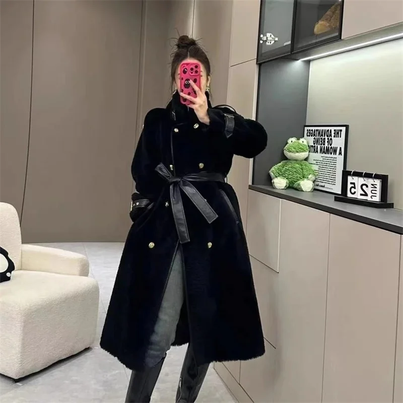 แฟชั่นฤดูหนาว High-end อารมณ์ยาวเสื้อขนสัตว์สําหรับผู้หญิงใหม่คู่หลวมเข็มขัด Thicken WARM FUR JACKET Outwear