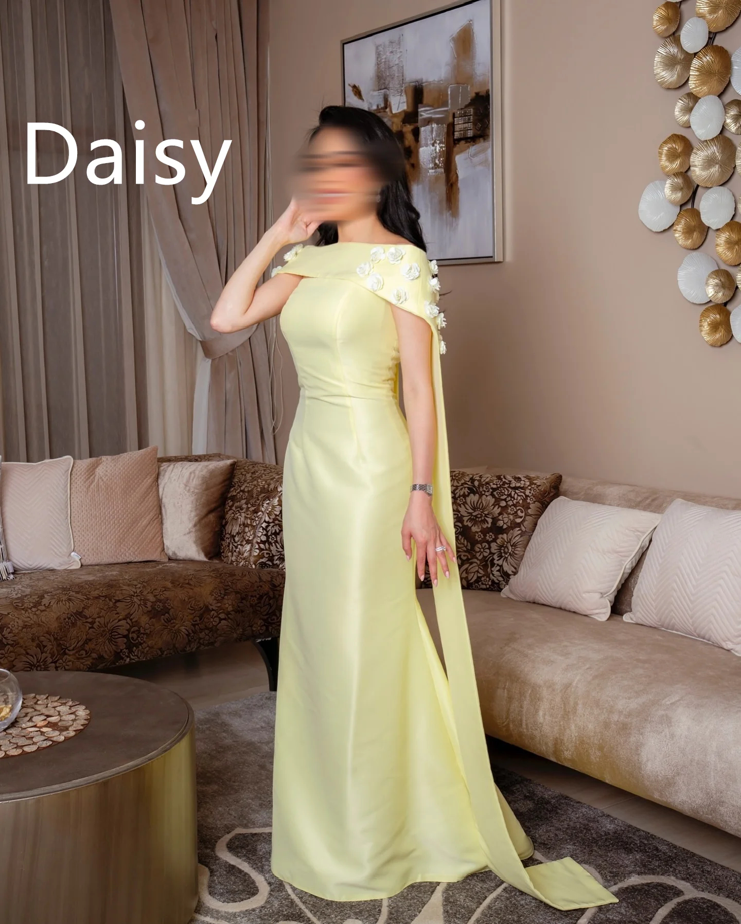 

Yellow Strapless Prom Dresses Bespoke Flowers Shawls Saudi Evening Gowns Long Sheath Wedding Party Women Wear Customized