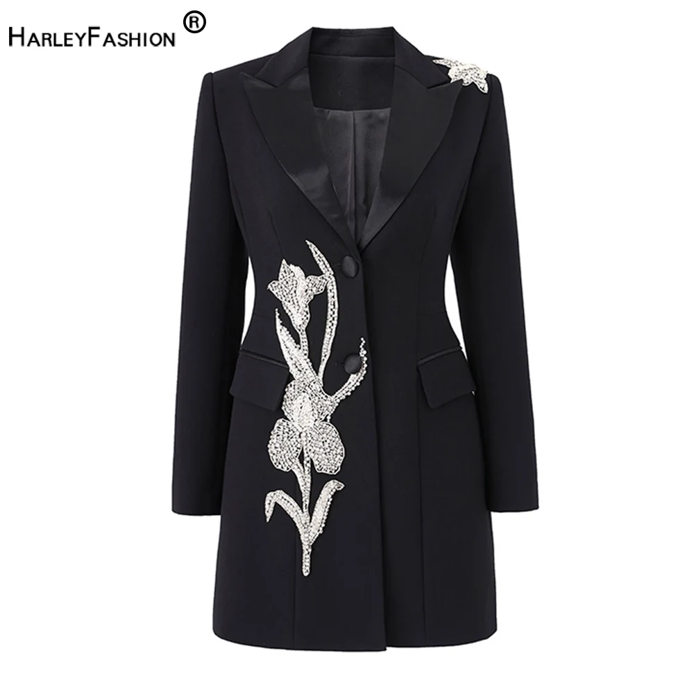 Wow So Elegant Design Party Evening Style 3D Flower Stones Beadeds Notched Women Luxury Black Blazer Dress with Shoulder Pads