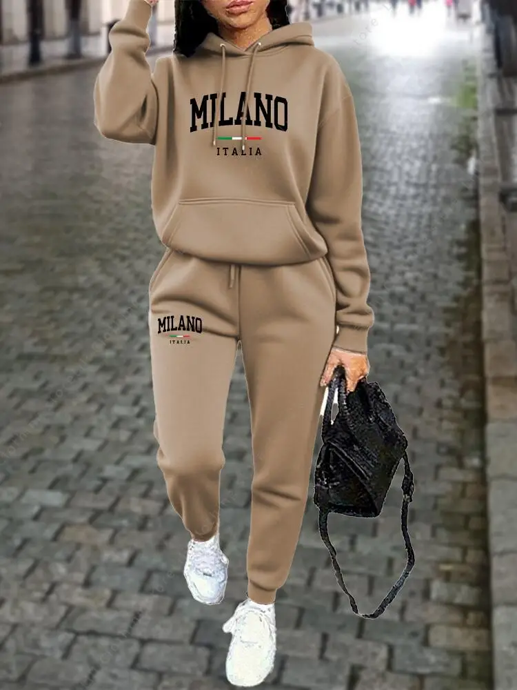 MILANO Hosen-Sets für Damen, hochwertige Sweatshirt-Sweatpants-Kapuzenjacke, 2-teiliges Herbst-Winter-Outfit, Damen-Trainingsanzug – Detail 8
