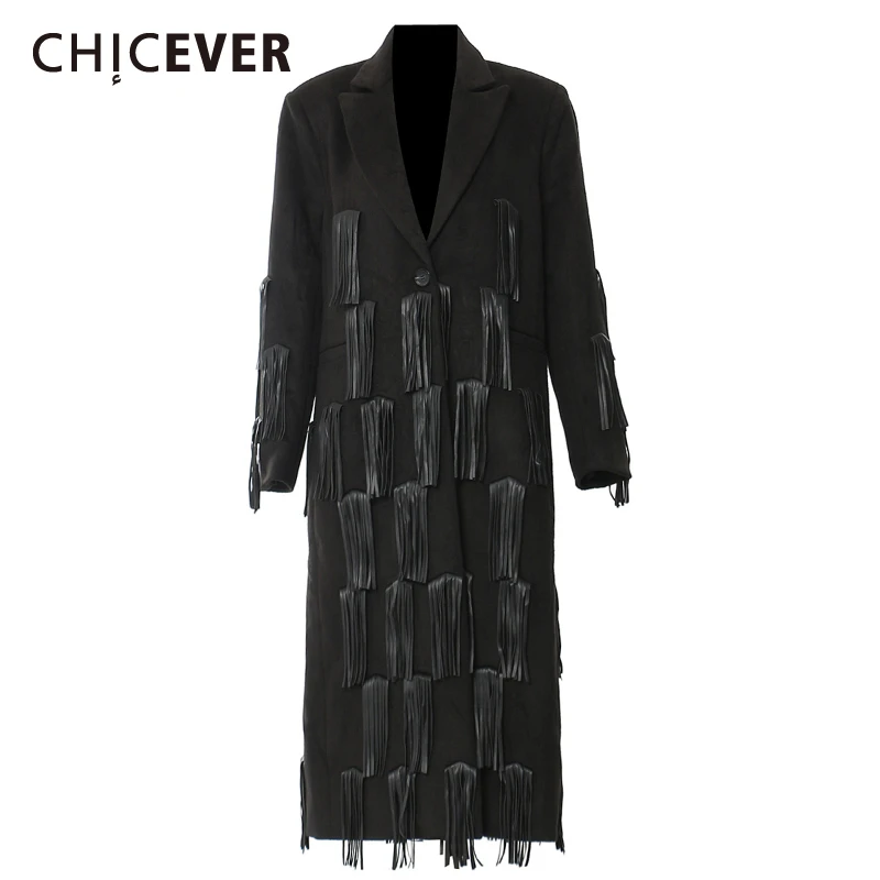 

CHICEVER Spliced PU Leather Taseel Trench for Women Notched Collar Long Sleeve Patchwork Single Button Wool Coat Female Fashion