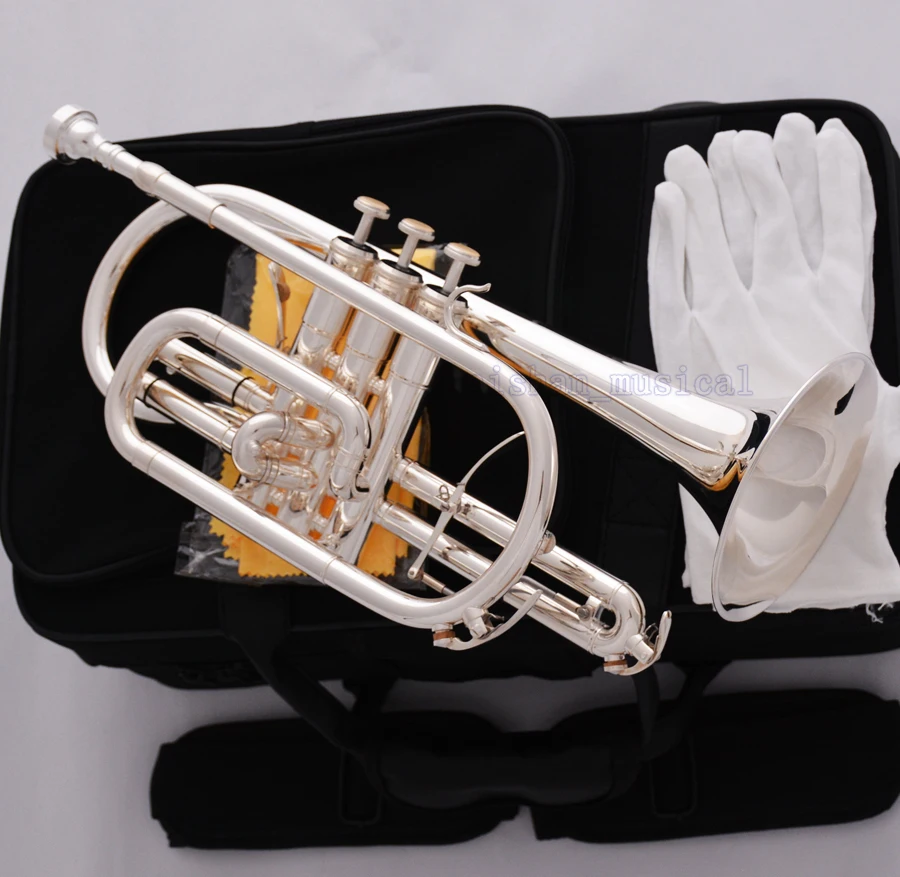 Performance  Professional Silver Plated Double Trigger Cornet Horn B-Flat Monel Valve W/Case