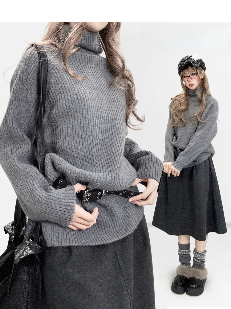 

ay High Collar Loose Knitted Sweater Mid-Length Over-Bum Slit Hoodie Vintage Sle Long Sve Girls Online Exclusive