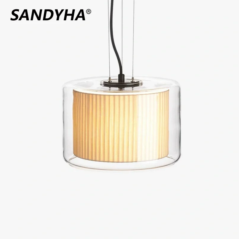 SANDYHA أنيقة الحديثة النسيج الفن قلادة ضوء زجاج دائري عاكس الضوء LED تركيبة إضاءة لغرفة المعيشة دراسة المنزل الأنيق