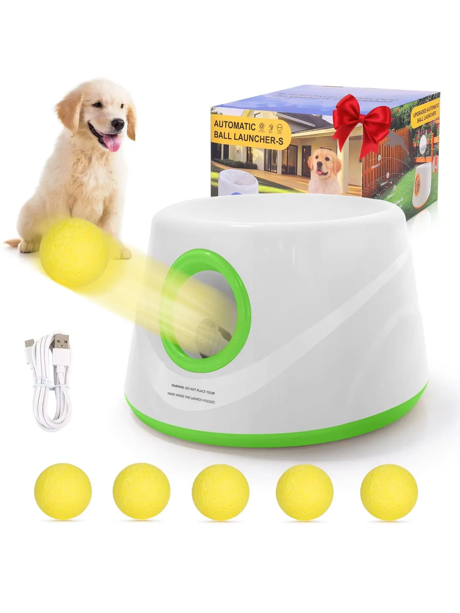 Automatischer Ballwerfer für Hunde mit 5 ETPU-Tennisbällen und 3 Distanzseinstellungen (19/32/45 Fuß), Hundespielzeug für den Innen- und Außenbereich