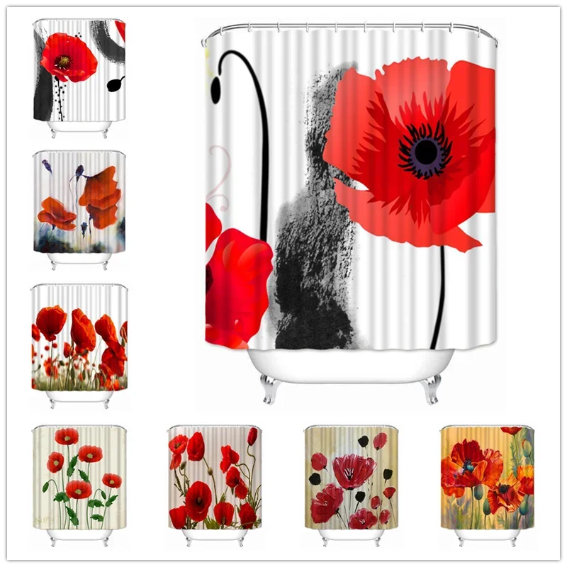 Red Poppy flower print pattern shower curtain high quality waterproof polyester fabric home bathroom decorative