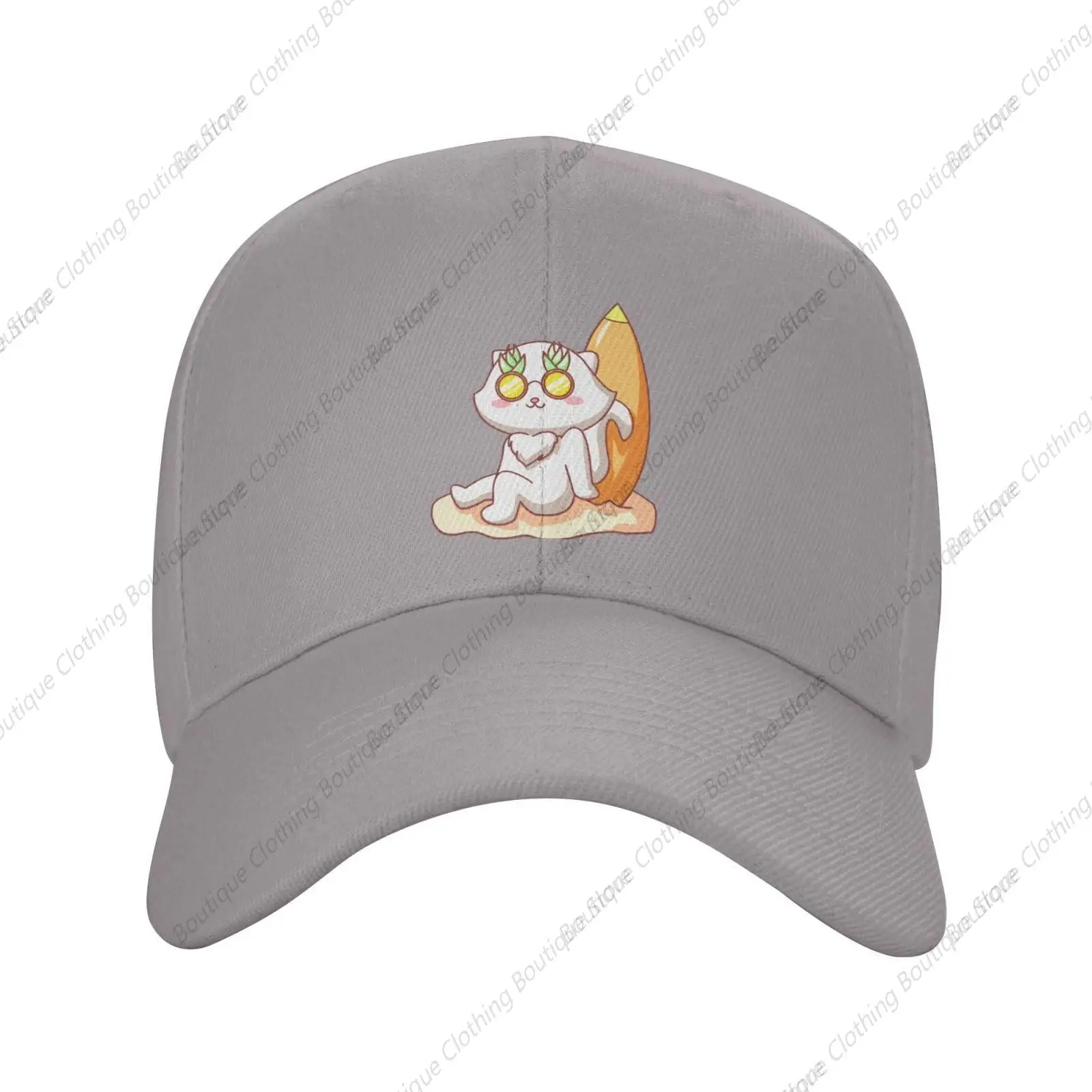 Funny and Happy Cat with Surfboard Trucker Baseball Cap for Men Women Golf Hats Adjustable Dad Hat Gray