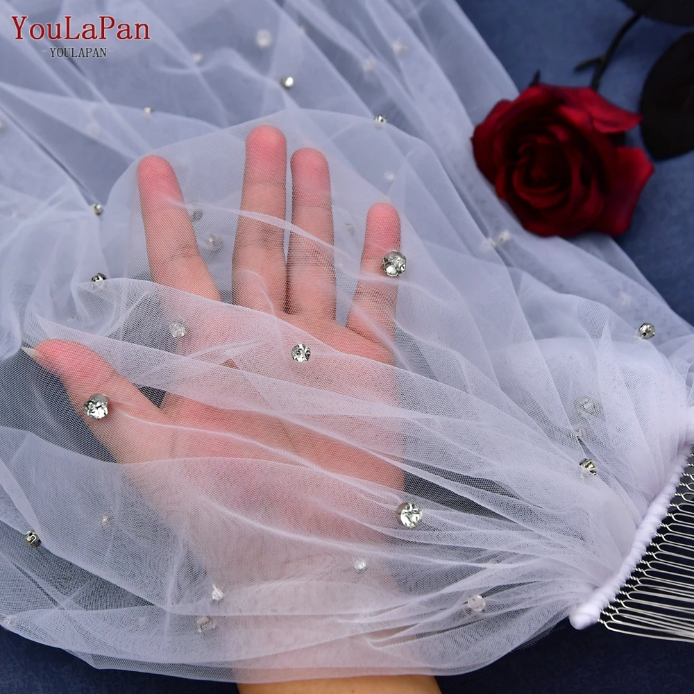 Youlapan Cathedral Wedding Veil Sparkly 1 Tier Bridal Veils Bride Rhinestones Hand Embellished Rhinestones Clear Crystals V188