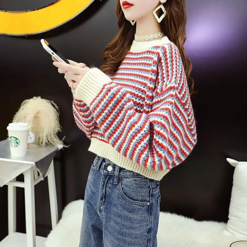 

Cropped Pullover Sweater Female Student Loose Outer Wear Small Early Autumn High Waist Striped Knitted Shirt Fashion