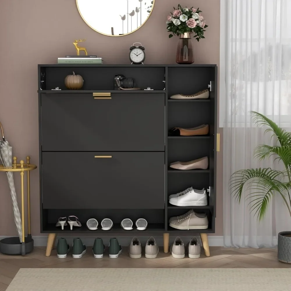 Shoe Storage Cabinet with 2 Flip Drawers & Side Cabinet, Narrow Shoe Cabinet with Doors, Hidden Shoe Storage