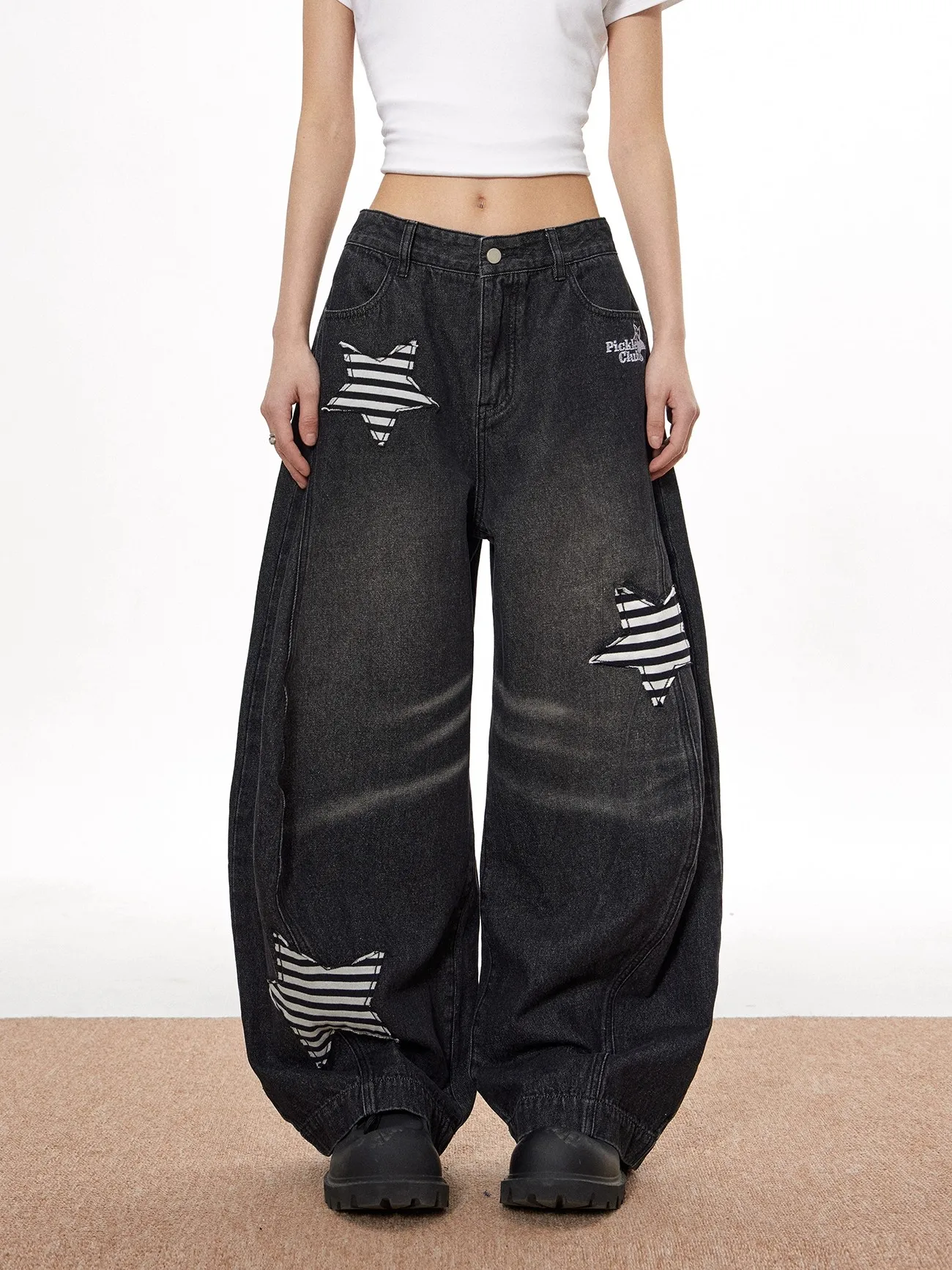 Women's Blue Black Star Denim Jeans Cargo Baggy Y2K Japanese Harajuku Street Fashion Aesthetic Retro Wide Leg Jeans Clothing