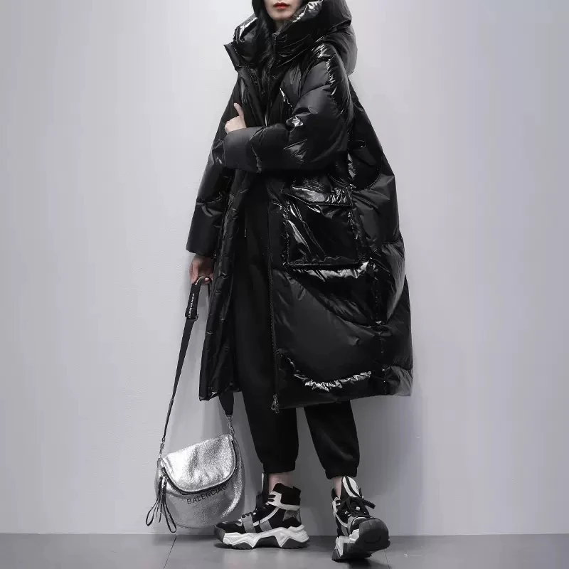 Doudoune Longue Noire Brillante pour Femme, Parka à Capuche, Décontractée, Épaisse, Chaude, Pardessus Féminin, Nouvelle Collection Hiver 2025