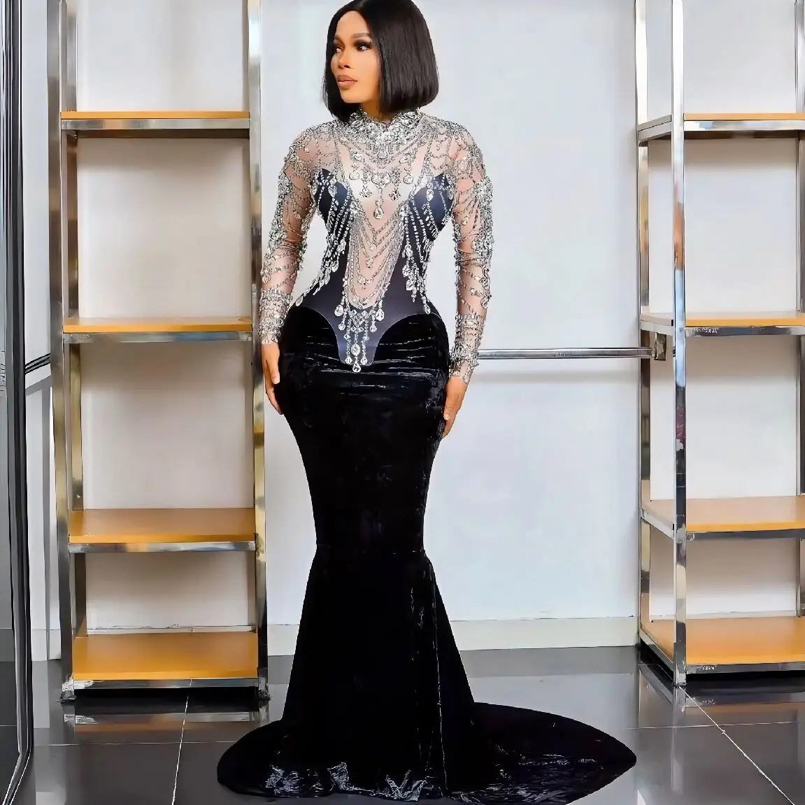 

High Quality Elegant Black Velvet Mermaid Dress Shining Crystal Sexy Evening Dress Long Prom Club Party Dress Stage Costumes