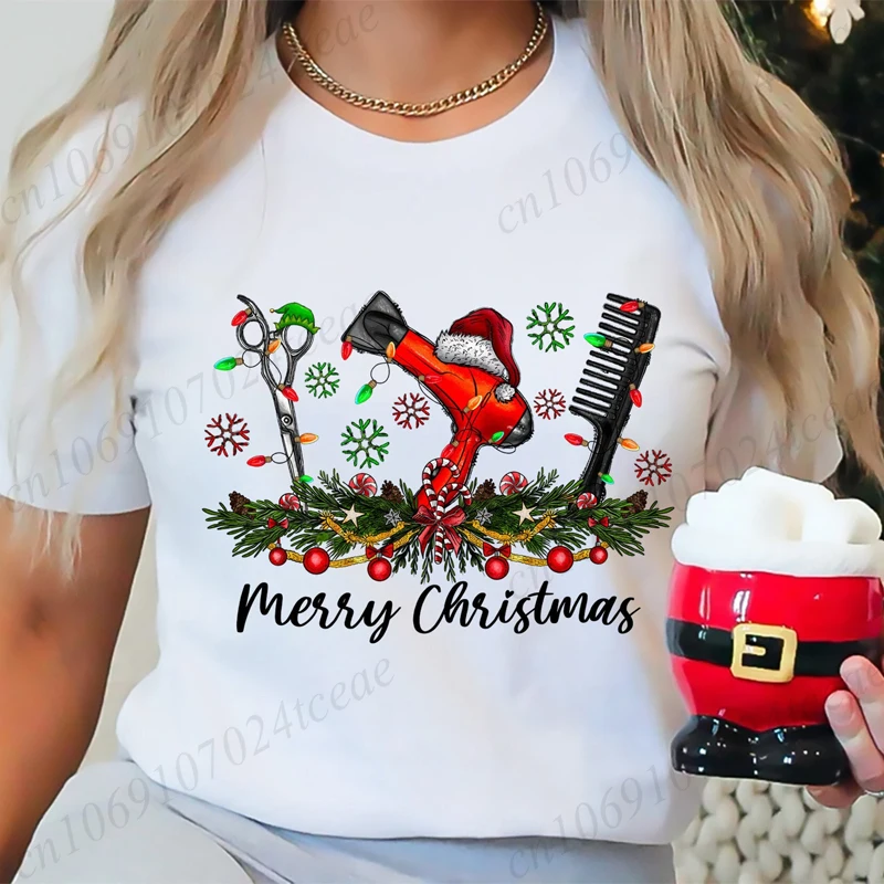 

Женские футболки с забавным рождественским принтом для парикмахера, модная новогодняя праздничная футболка, летняя одежда для отдыха, уличная одежда