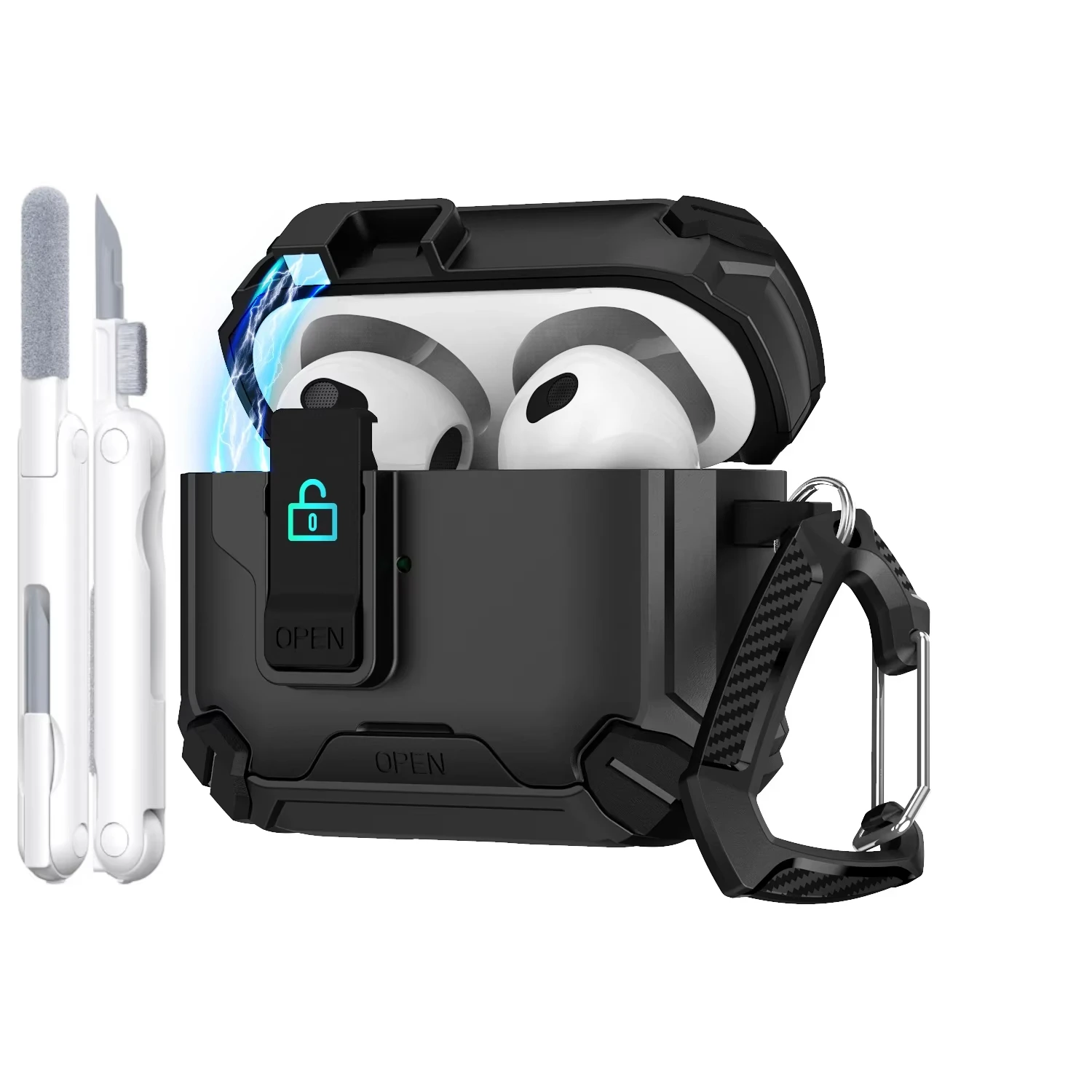 Für Samsung Galaxy Buds 3 Pro Hülle mit Telefonständer und Verschlussclip, schützende Hartschale mit Reinigungsset für Samsung Galaxy Buds 3