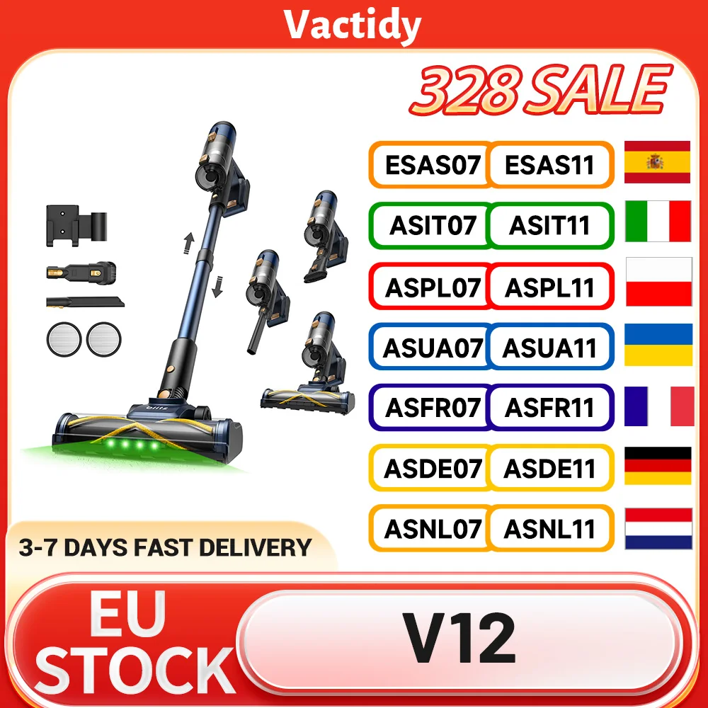 Aspirateur sans fil Vactidy V12, aspiration 50000 Pa, moteur 450 W, aspirateur sec et humide 2 en 1, bac à poussière 0,5 L, écran LED, autonomie 50 minutes