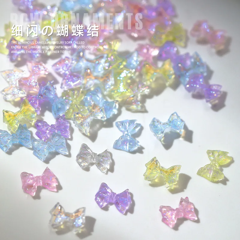 20pcs Summer Nail Art Mini Bow Charms Gems Parts 3D Fine Sparke Colorful Ice Transparent Bow Nail Art Accessories DIY Decoration