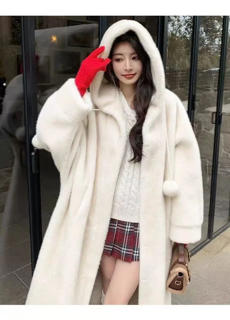 Winter hooded thickened witch extended imitation mink fur coat, fur integrated fur coat for women