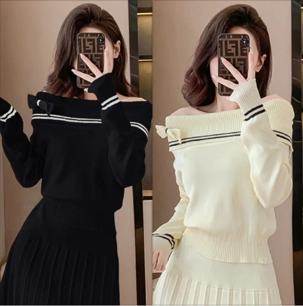 

Fashion Knitted Sweater Women Off Shoulder Bow Tie Slim Long Sleeve Sexy Tops Pullover